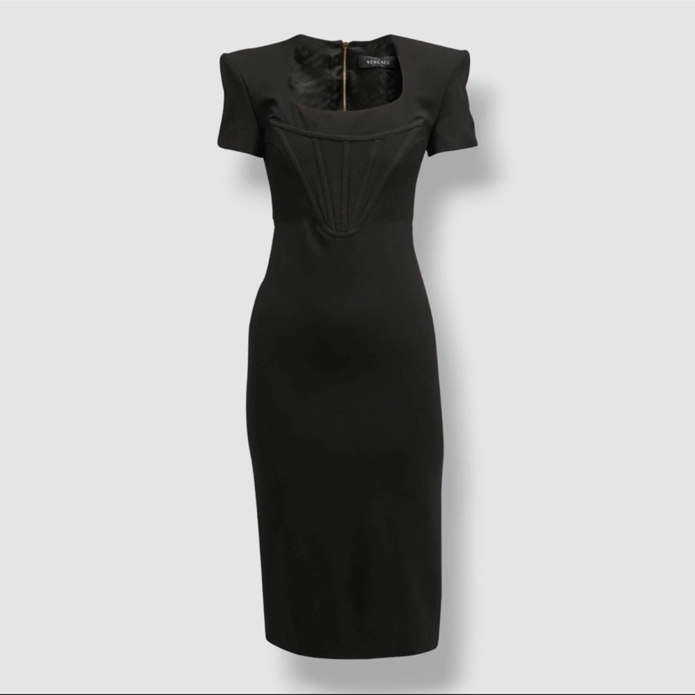 $4325 Versace Black Corset Two-Way Zipper Padded Shoulder Midi Dress Size 36